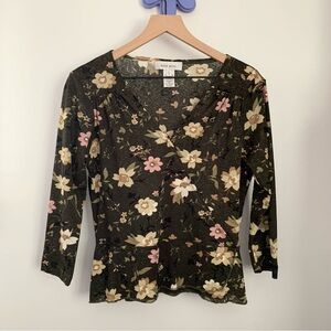 90s y2K Large Surplice V Neck 3/4 Sleeve Top Floral Dark Olive Green Boho